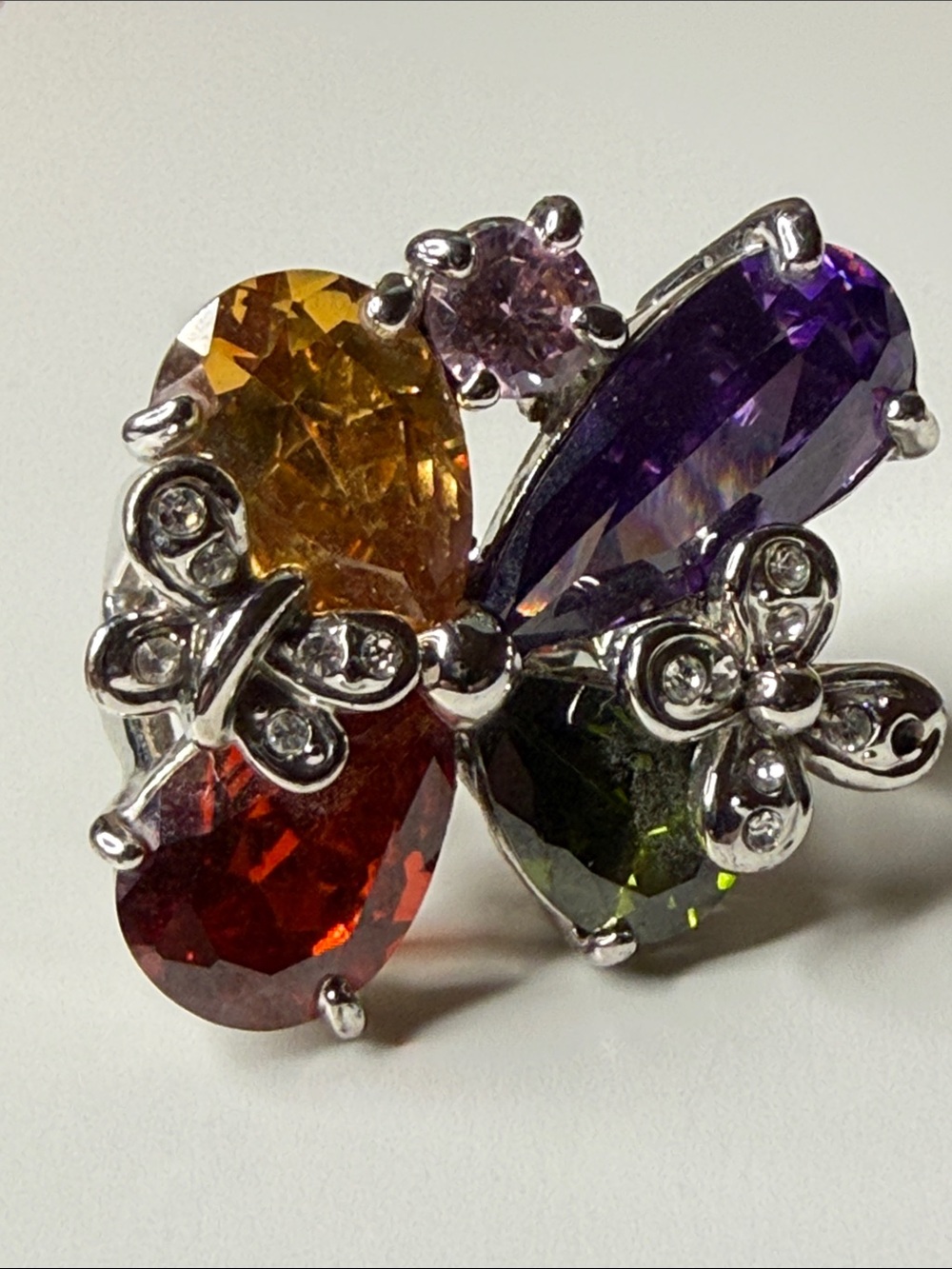 Multicolor Gemstone Flower Ring Silver Tone size 9  better than glass distressed